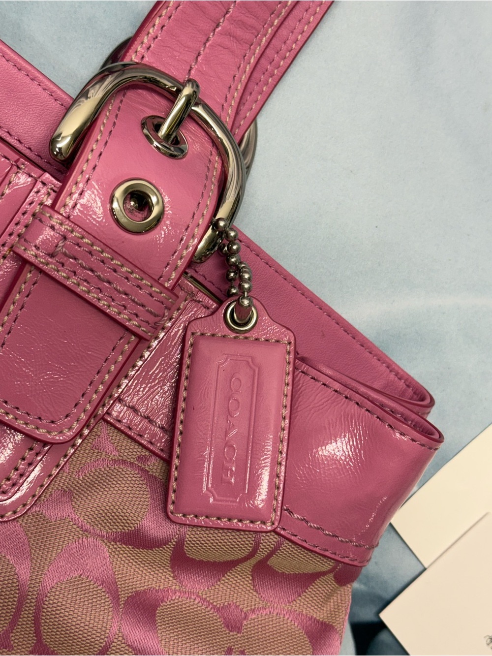 (new+tag) Coach SoHo Pleated Pink Signature Jacquard Tote w/ Leather Patent Trim - Picture 2 of 11